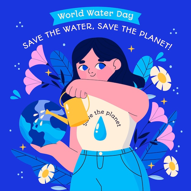 Illustration De La Journée Mondiale De L'eau Dessinée à La Main Avec Une Femme Qui Arrose La Planète