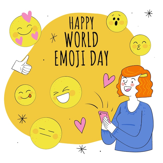 Illustration de la journée mondiale emoji dessinée à la main avec une femme utilisant un smartphone