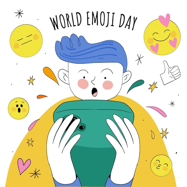 Vecteur gratuit illustration de la journée mondiale emoji dessinée à la main avec une femme utilisant un smartphone