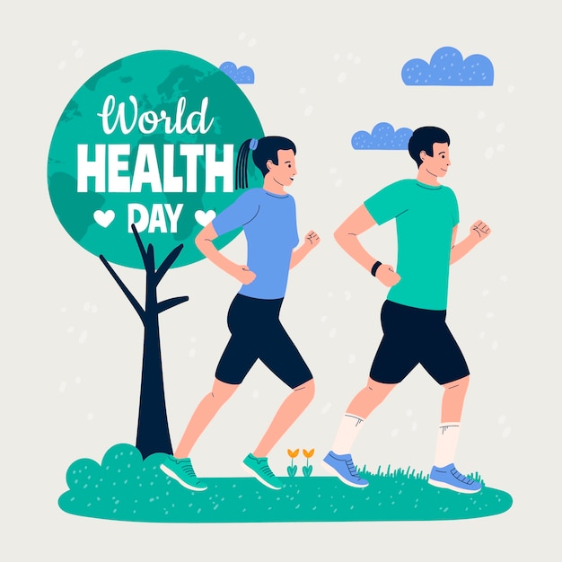 Vecteur gratuit illustration de la journée mondiale de la santé dessinée à la main avec des gens qui font du jogging