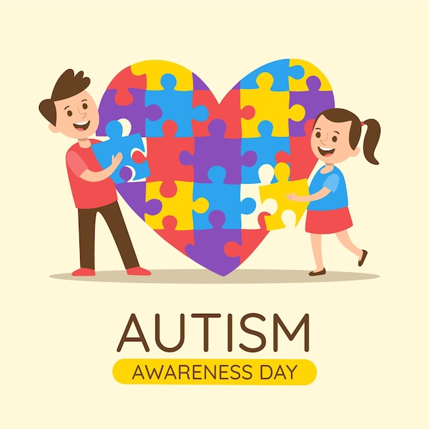 Illustration de la journée mondiale de sensibilisation à l'autisme dessinée à la main avec des pièces de puzzle
