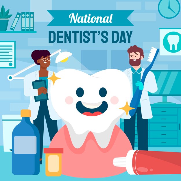 Vecteur gratuit illustration de la journée nationale du dentiste plat