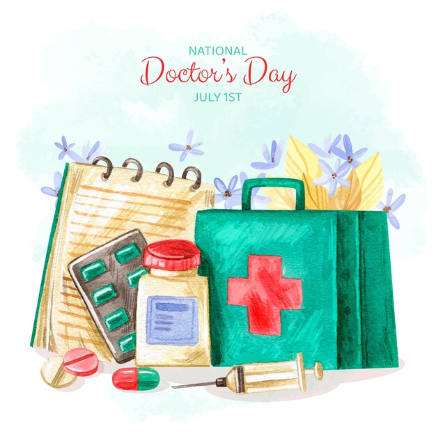 Illustration de la journée nationale du médecin aquarelle avec équipement médical
