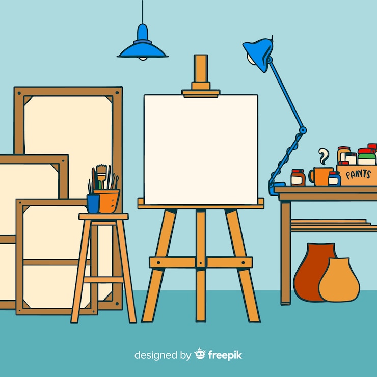 Vecteur gratuit illustration de lieu de travail studio art dessiné à la main