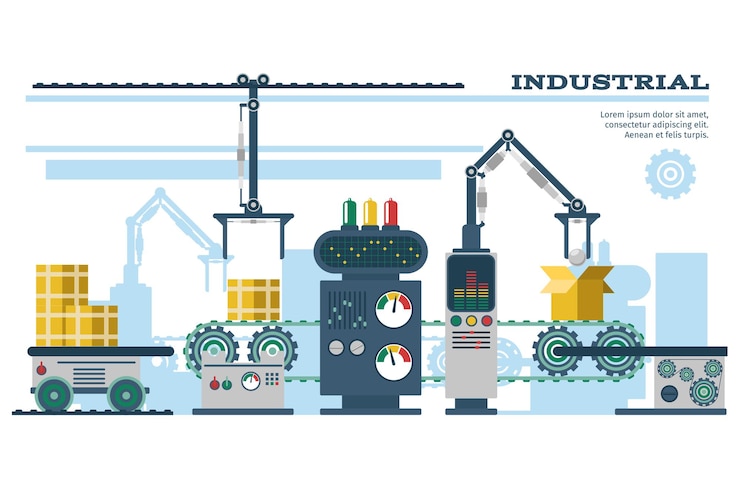 Vecteur gratuit illustration de ligne de bande transporteuse industrielle.