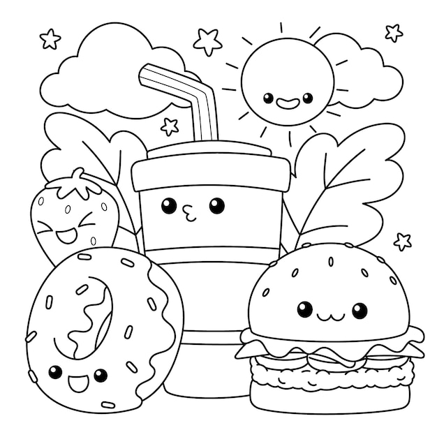 Illustration de livre de coloriage kawaii dessiné à la main