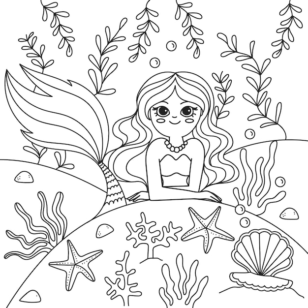 Vecteur gratuit illustration de livre de coloriage de sirène dessinée à la main