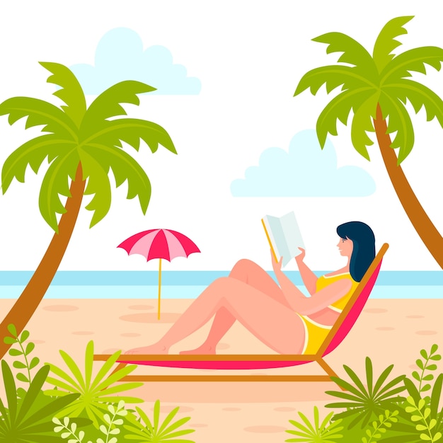 Vecteur gratuit illustration de livres de lecture d'été plat avec femme sur chaise de plage et palmiers