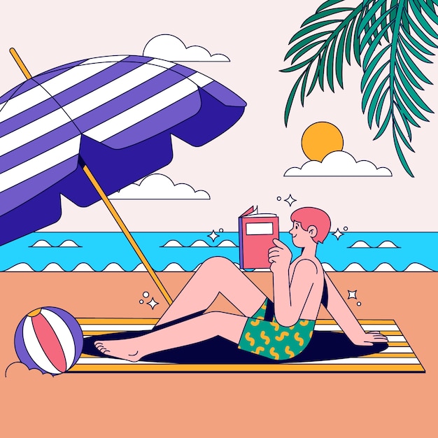 Vecteur gratuit illustration de livres de lecture d'été plat avec femme à la plage et parapluie