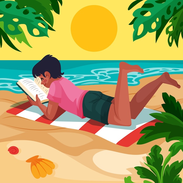 Illustration De Livres De Lecture D'été Plat Avec Garçon Sur Une Serviette De Plage