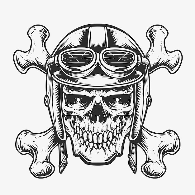 Vecteur gratuit illustration de logo de motard de crâne d'os de croisement