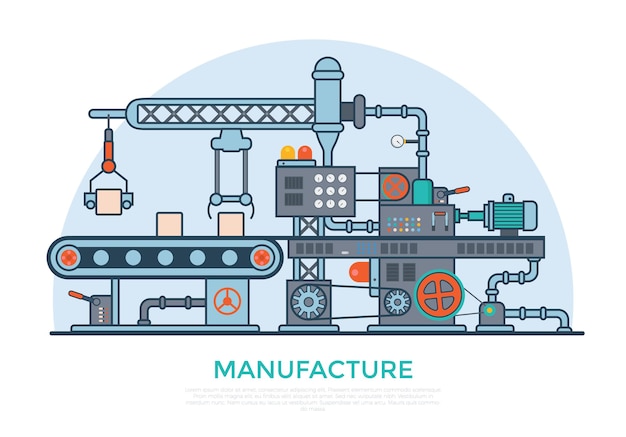 Vecteur gratuit illustration de machine de convoyeur de fabrication industrielle plat linéaire. concept de processus de production de produits commerciaux.