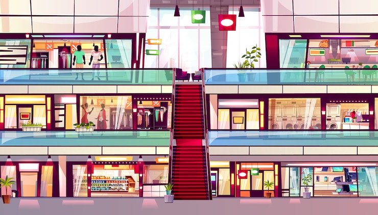 Vecteur gratuit illustration de magasin du centre commercial de l&#39;intérieur du magasin shopping avec escalator au milieu.