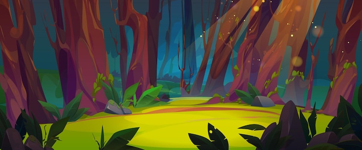 Vecteur gratuit illustration magique de dessin animé de clairière de forêt fantastique