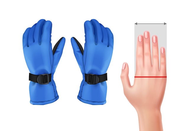 Vecteur gratuit illustration de la main de mesure pour les gants avec des gants de ski bleus