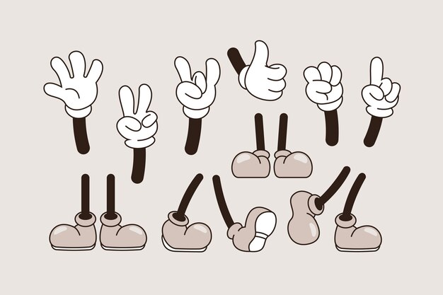 Illustration de main et de pieds de dessin animé rétro dessinés à la main