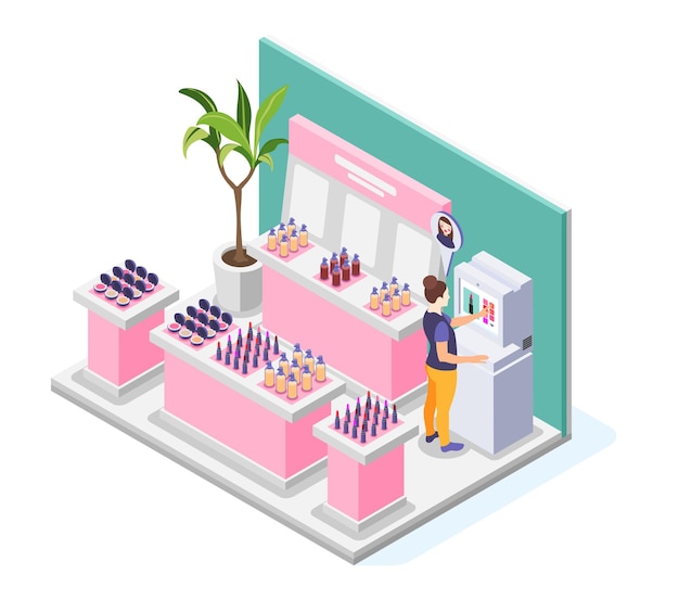 Vecteur gratuit illustration de maquillage virtuel avec vue sur le magasin de beauté avec présentoirs