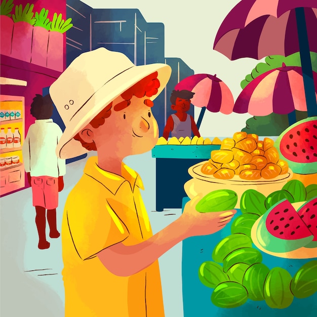 Vecteur gratuit illustration de marché alimentaire de rue peinte à la main