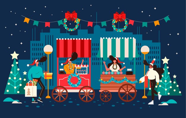 Illustration de marché de Noël plat