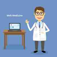 Vecteur gratuit illustration de médecine web avec un médecin sympathique heureux portant un stéthoscope