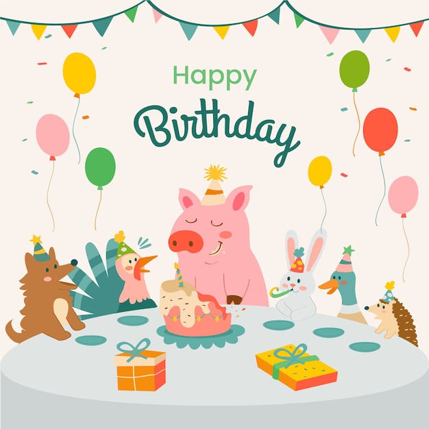 Illustration mignonne de joyeux anniversaire avec cochon