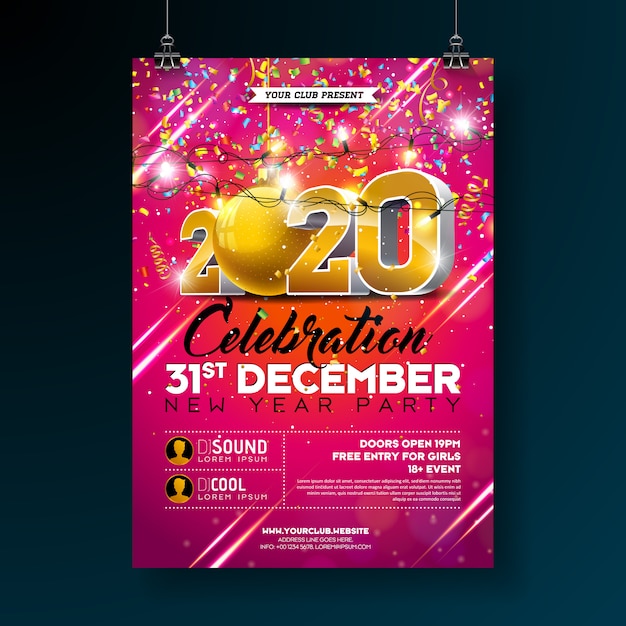 Vecteur gratuit illustration de modèle affiche de célébration fête parti avec illustration du nombre 3d 2020 et chute de confettis colorés sur fond rouge