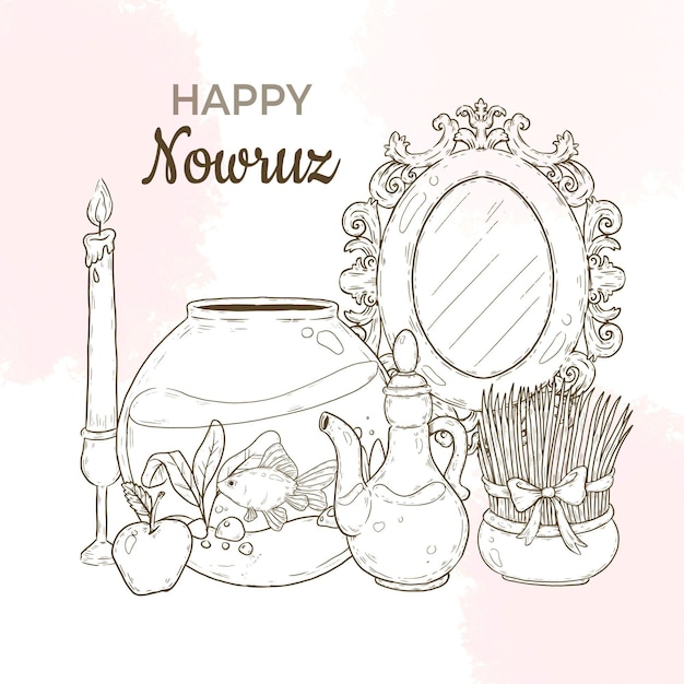 Vecteur gratuit illustration de nowruz heureux dessinée à la main avec miroir et bocal à poissons