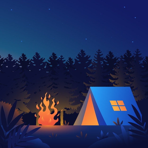 Vecteur gratuit illustration de nuit d'été dégradée avec tente et feu de camp