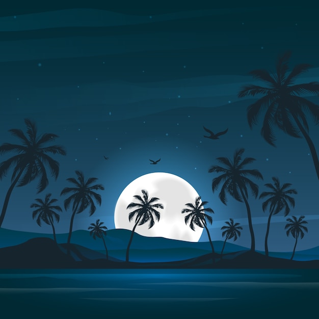 Vecteur gratuit illustration de nuit d'été dégradée avec vue sur la plage