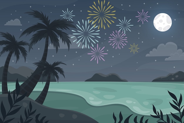 Vecteur gratuit illustration de nuit d'été dessinée à la main avec vue sur la plage