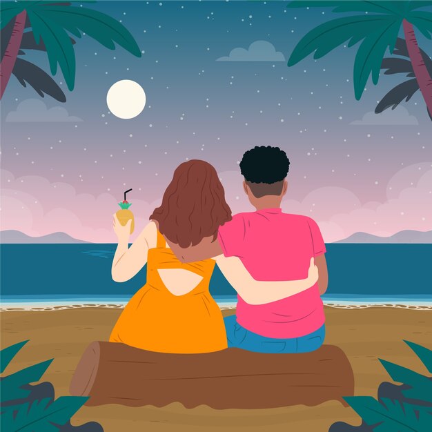 Illustration de nuit d'été plat avec couple sur la plage
