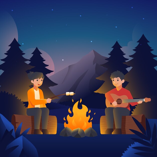 Illustration de nuit d'été plate avec des gens rôtissant des guimauves et jouant de la guitare