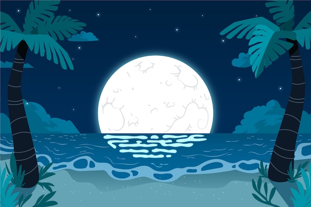Illustration de nuit d'été plate avec vue sur la plage et la lune
