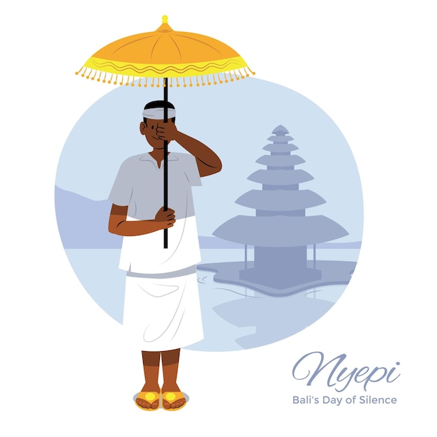 Vecteur gratuit illustration de nyepi dessinée à la main avec un homme tenant un parapluie