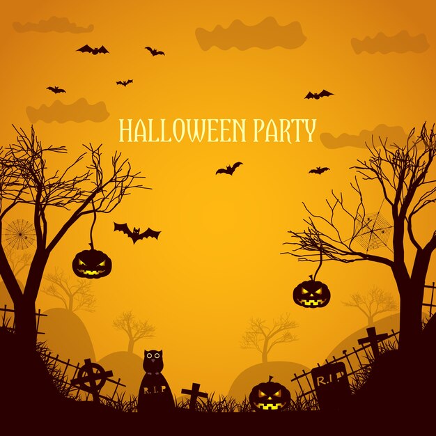 Illustration orange fête Halloween avec des silhouettes d'arbres morts, des visages de citrouille effrayants et des pierres tombales à plat