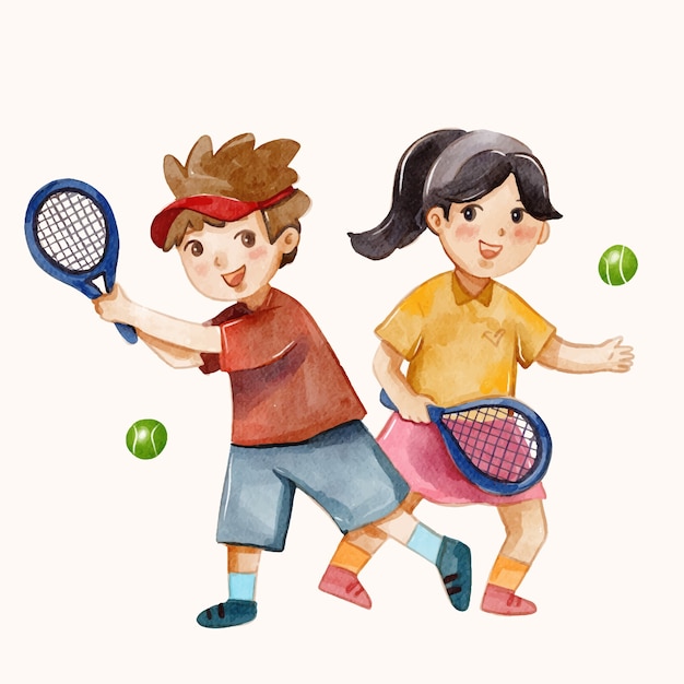 Illustration De Padel Aquarelle Avec Deux Enfants Tenant Des Raquettes