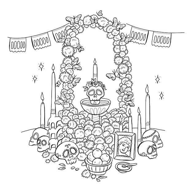 Vecteur gratuit illustration de la page de coloriage de l'autel de muertos dessiné à la main