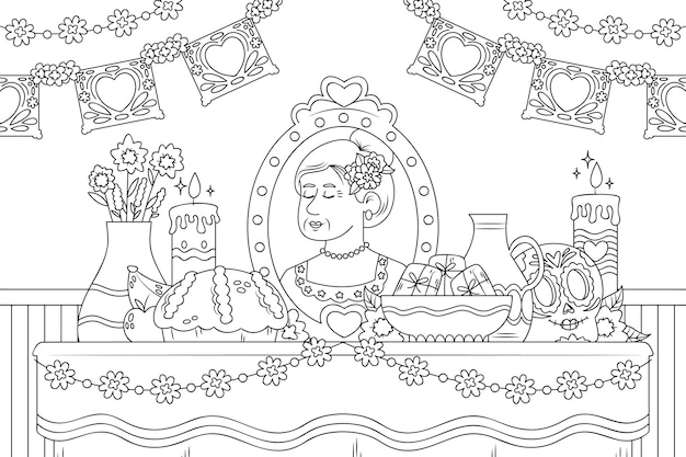 Vecteur gratuit illustration de la page de coloriage de l'autel de muertos dessiné à la main