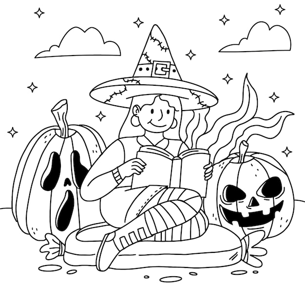 Vecteur gratuit illustration de page de coloriage dessinée à la main pour la célébration d'halloween