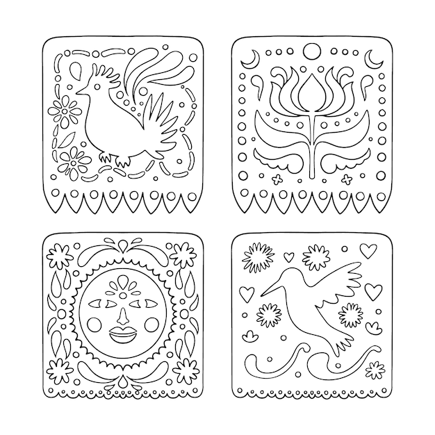 Illustration De La Page De Coloriage Dia De Muertos Papel Picado Dessinée à La Main