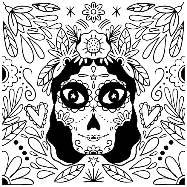 Vecteur gratuit illustration de page à colorier dia de muertos catrina dessinée à la main