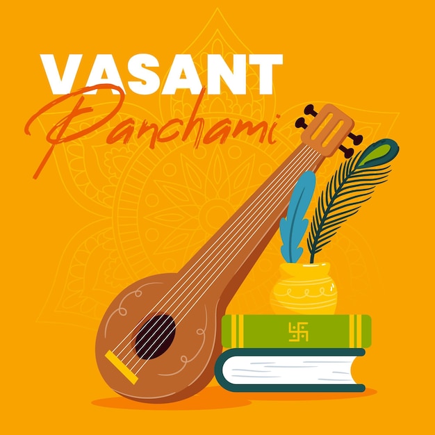 Vecteur gratuit illustration de panchami vasant dessiné à la main avec des livres et veena