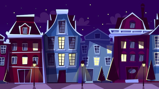 Vecteur gratuit illustration de paysage urbain d'amsterdam. dessin animé amsterdam nuit rues et maisons