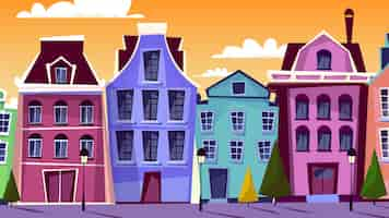 Vecteur gratuit illustration de paysage urbain d'amsterdam. les rues de dessin animé d'amsterdam et les vieilles maisons traditionnelles