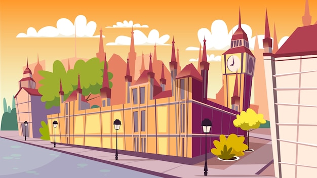 Illustration de paysage urbain de Londres. Cartoon célèbres monuments de Londres au jour, Big Ben