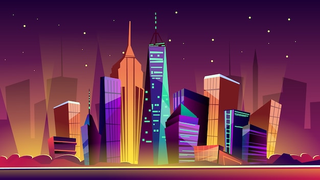 Illustration De Paysage Urbain De New York. Repères De New York De Dessin Animé Dans La Nuit, Freedom Tower