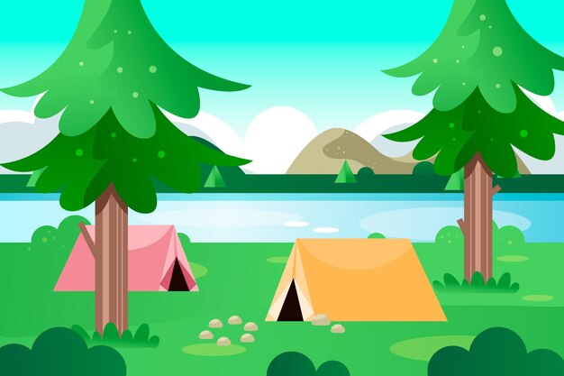 Illustration de paysage de zone de camping avec tentes et lac