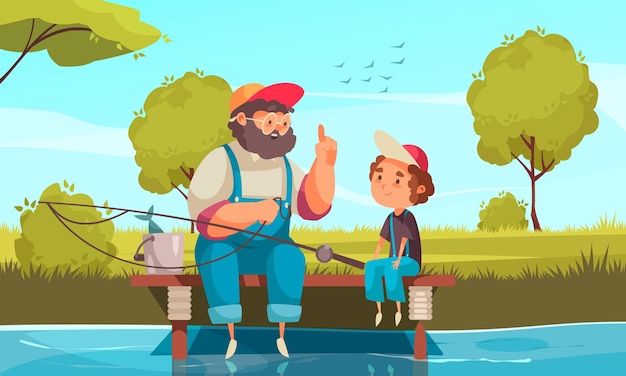 Illustration De Pêche Grand-père Et Petit-fils Avec Passe-temps