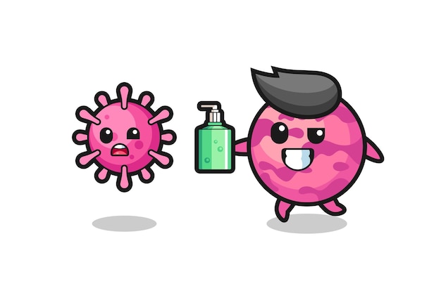Illustration d'un personnage de cuillère à crème glacée chassant le virus maléfique avec un désinfectant pour les mains