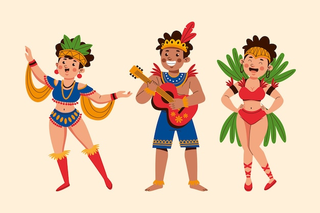 Vecteur gratuit illustration de personnages de célébration de carnaval brésilien plat